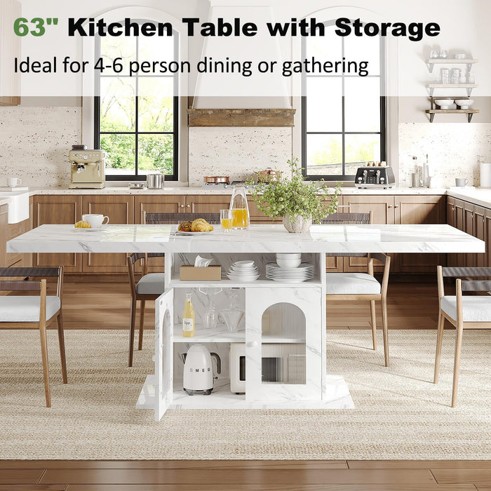 63" Modern White Faux Marble Dining Table for 6 with Storage Cabinet | Rectangular Kitchen Dinner Table with 3-Tier Shelves and an Acrylic Door, Seats 4-6,Table Only for Dining Room and Apartment