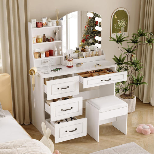 Women White Vanity with Mirror and Lights,3 Lighting Colors Makeup Dresser Desk with Lots Storage, Large Size 39.4In(W)