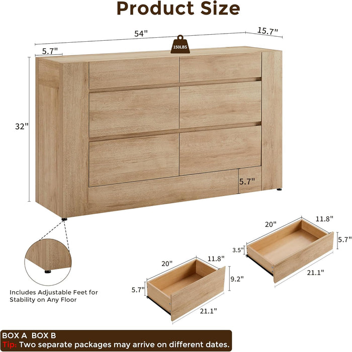 6 Drawer Dresser for Bedroom, 54" Wide Chest of Drawers with Thick Wood Design, Handleless, Modern Bedroom Dresser, Storage Organizer for Living Room/Entryway/Hallway, Natural Oak