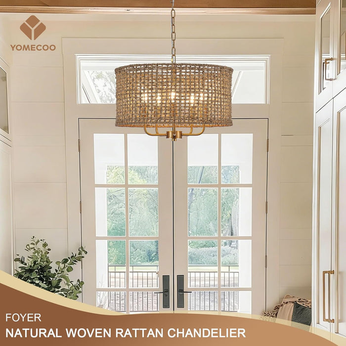 Golden Handwoven Rattan Drum Chandelier Dining Room