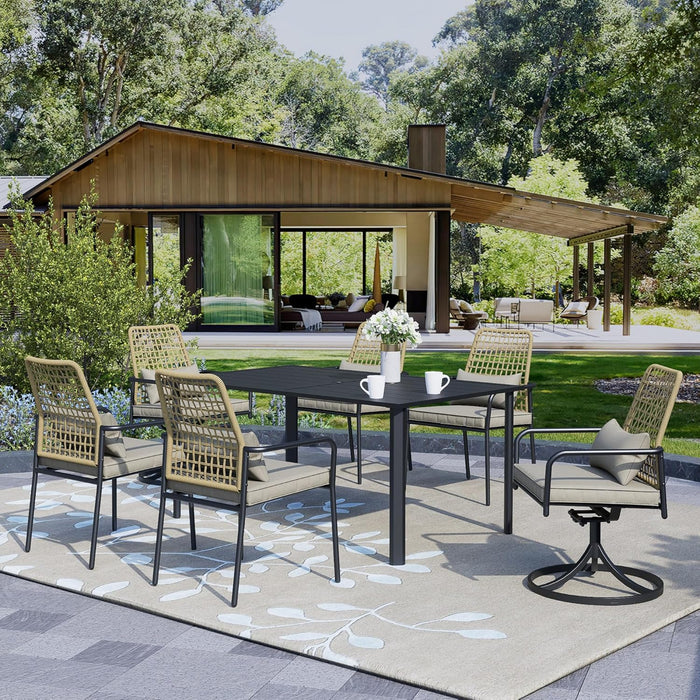 7-Piece Outdoor Dining Set, 4 Wicker Stackable Rattan Chairs ＆2 Wicker Swivel Rattan Chairs with 63'' Rectangular Patio Dining Table All Weather Frame Furniture Set