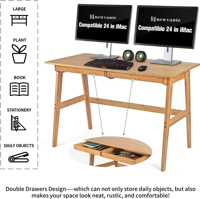Writing Computer Desk 46" Bamboo Home Office Table with 2 Drawers, Modern Furniture Simple Study Makeup Workstation