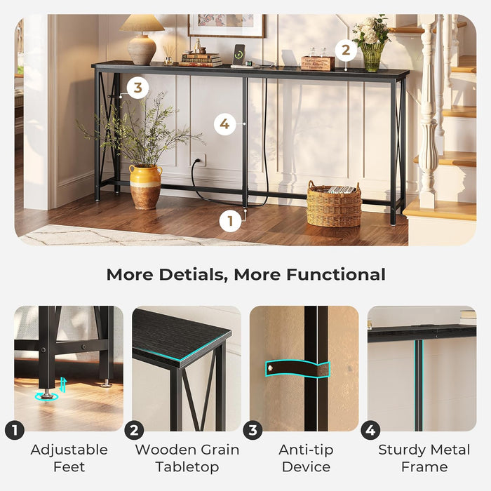 70 Inch Console Table with Outlets and USB-C Port, Extra Long behind Couch Sofa Table with X-Shaped Design, Narrow for Entryway, Living Room, Metal Frame, Wooden Top, Black