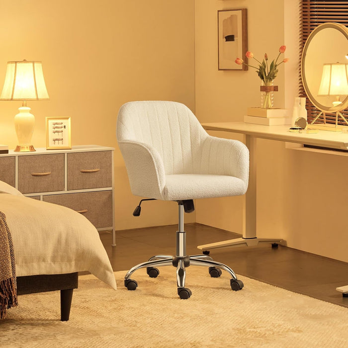 Boucle Vanity Chair Makeup Desk Chair Modern Office Chair Mid Back Accent Chair Height Adjustable Task Chair Swivel Computer Chair with Arms Ivory