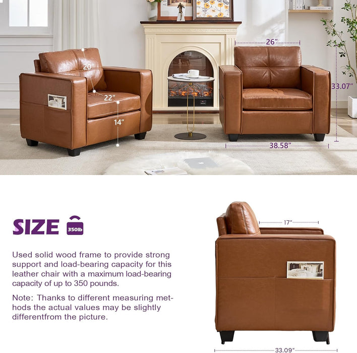 Brown Faux Leather Accent Chair, Comfy Living Room Chair Reading Oversized Accent Chairs Tufted Mid Century Modern Arm Chair, 38.58" Wide Armchair for Office Bedroom Lobby