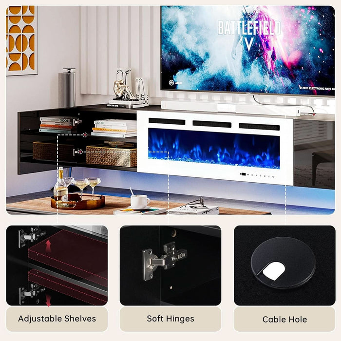 80" Floating TV Stand with 40" Electric Fireplace, Modern Entertainment Center with Storage, Adjustable 12-Color LED Lights, Fire Place TV Console for Living Room, Black+White