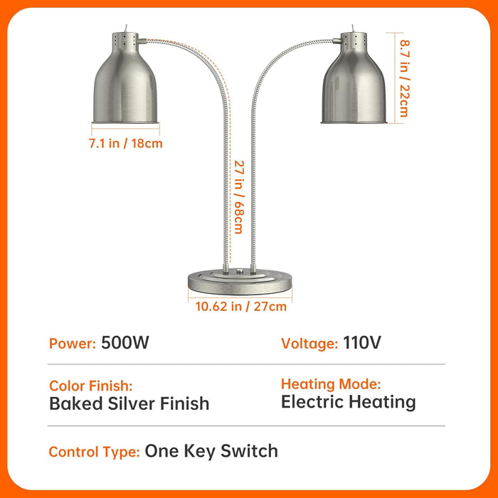 Food Heat Lamp, 500W Commercial Food Warmer Lamp, Rapid & Stable Heating 2-Head Electric Heat Lamp for Buffet, Parties, Catering, Restaurant, Kitchen, Home (Stainless Steel)
