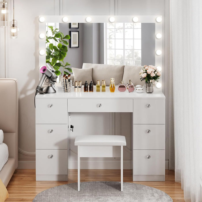 Vanity with Lighted Mirror - Makeup Vanity Desk with Power Outlet and 7 Drawers, 3 Color Lighting Modes Adjustable Brightness, 44" Vanity Table with Soft Cushioned Stool for Women Girls, White
