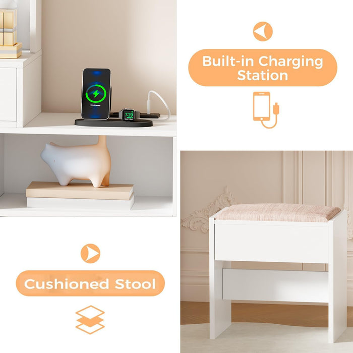 Makeup Vanity Desk with Mirror & 10 LED Lights Big Vanity Set with Charging Station, Nightstand, Drawers, Storage Shelves, Stool, Bedroom Dressing Table for Women Girls White UBDT13W