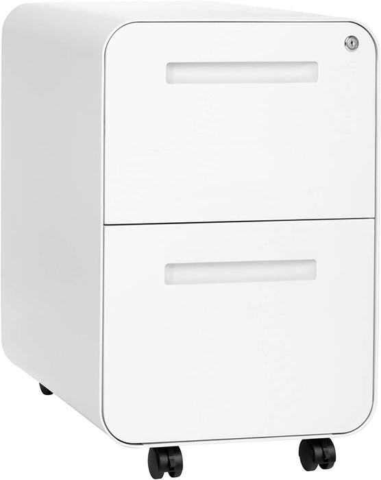 Stockpile 2 Drawer Mobile File Cabinet with Lock - under Desk Metal Filing Cabinet, Legal/Letter File Folders, Wheels and Stationary Feet, Pre-Assembled, White