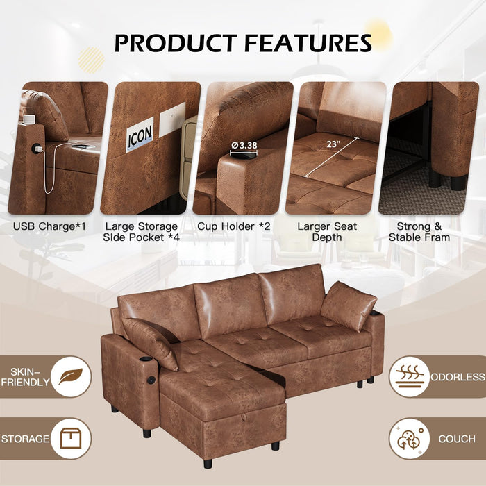 Brown Leather Sleeper Sofa Bed With Storage