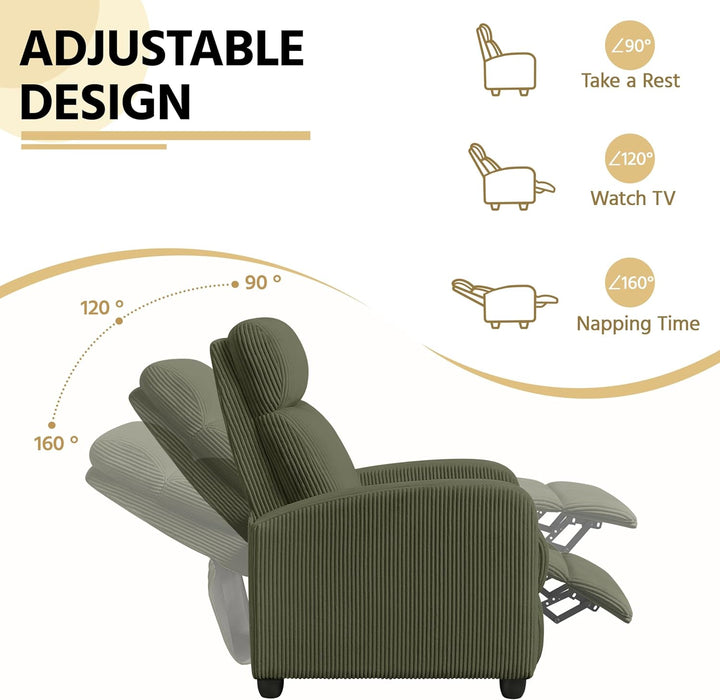 Corduroy Recliner Chair Single Sofa Home Theater Seating Adjustable Modern Reclining Chair for Living Room Bedroom Home Theater Dark Green