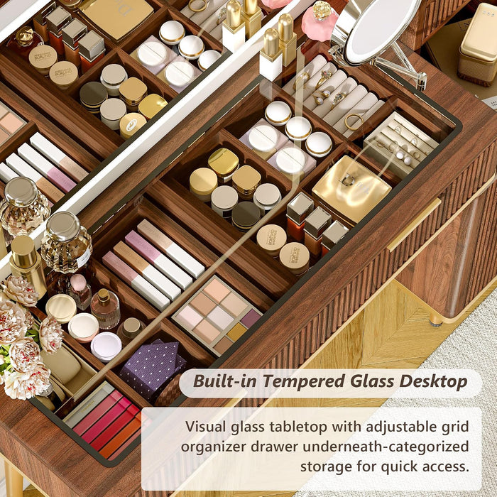 47" Vanity Desk with 5X Magnifying Mirror & 3-Color LED Light, Fluted Glass Top Makeup Table, USB Charging & Hair Dryer Holder, Dressing Table with Adjustable Shelves for Bedroom, Dark Walnut