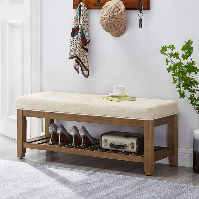 Large Rectangular Upholstered Tufted Linen Ottoman Bench, Padded Bench with Solid Wood Shelf-Ivory