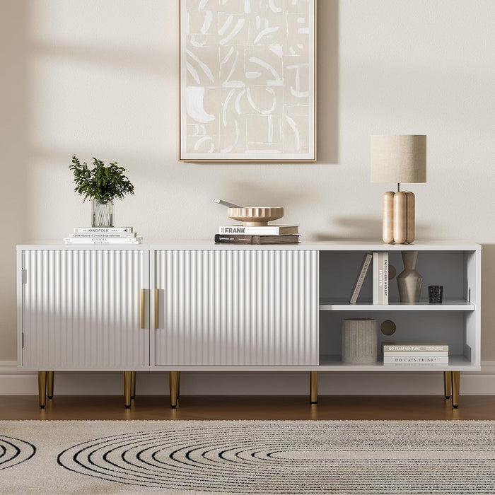 Combined Modern TV Stand for 55/60/65 Inch TV, Small Entertainment Center with Adjustable Shelf, TV Media Stand with Storage Cabinet, TV Console with Gold Legs for Living Room, Bedroom, White