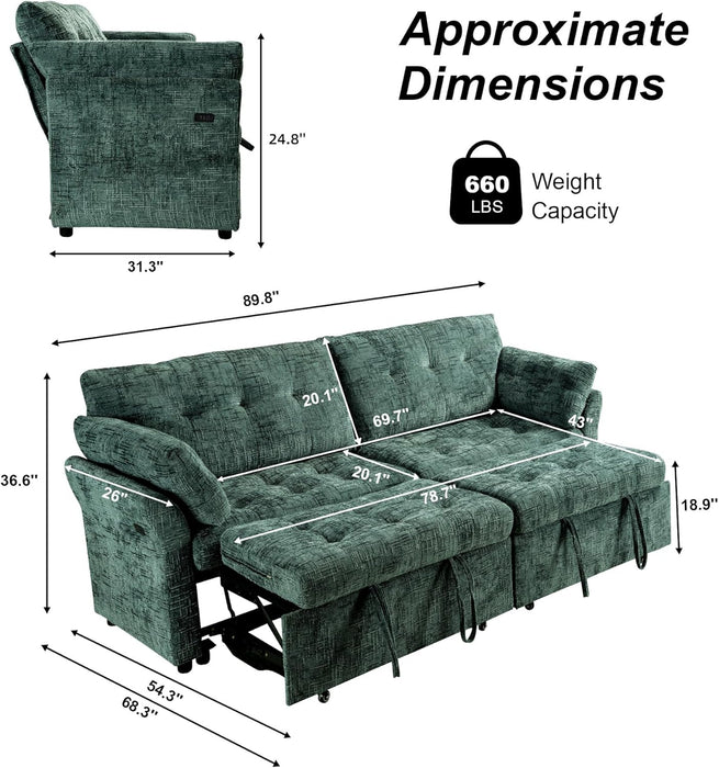 3 in 1 Sleeper Sofa Bed Reclining Convertible Couch with USB & Wheels – Adjustable Lounge Chair for Living Room Apartment 3-Seater 89.8 Inch in Green