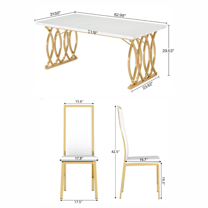 63" Faux Marble Dining Table Set with 4 White Chairs, Gold Metal Base Dining Room Set