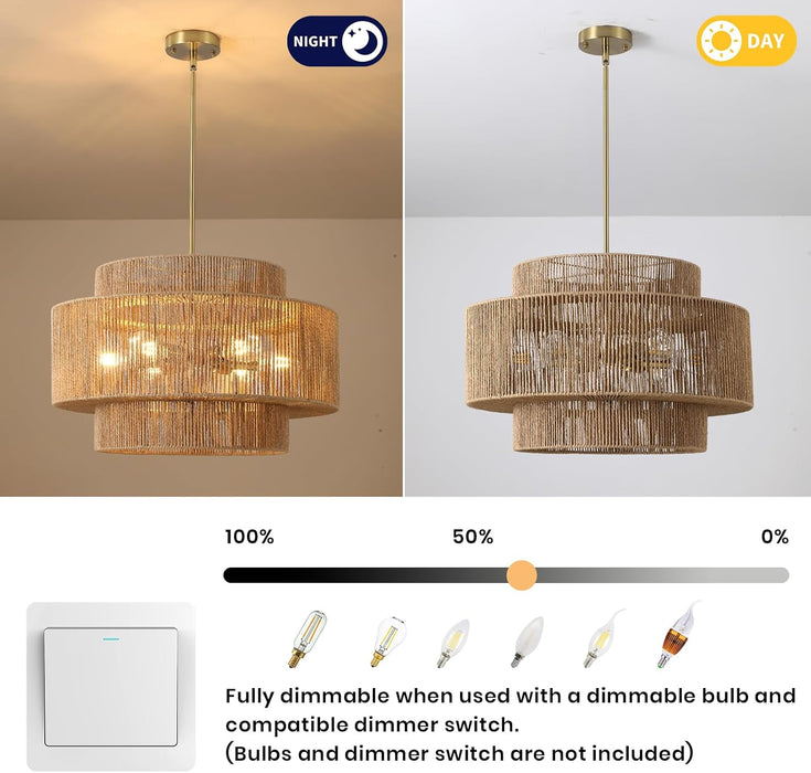 24"Large Boho Rattan Farmhouse Chandeliers for Dining Room,6-Light Hand Woven Pendant Light Fixture, 3-Tier Rustic Wicker Chandeliers for Living Room, Kitchen Island, Entryway,Hallway, Foyer