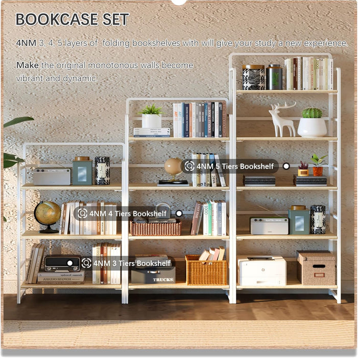 No Assembly 5 Tiers Folding Bookshelf Storage Shelves Vintage Bookcase Standing Racks Study Organizer Home Office (Natural White)