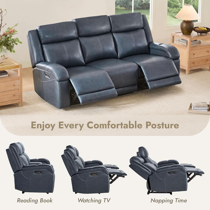 Genuine Leather Power Recliner Sofa, 3 Seater Wall Hugger Reclining Sofas with Power Headrest, USB & Typec Ports, Electric Recliner Couch Set for Living Room, Navy