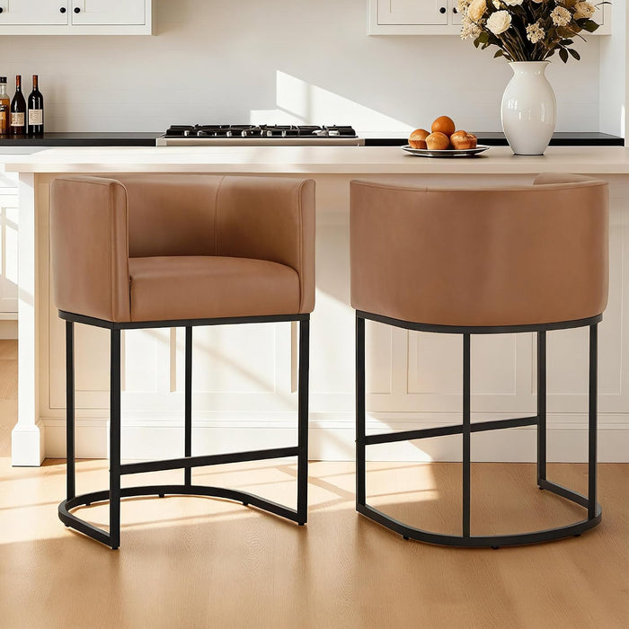 24" Counter Height Bar Stools Set of 4, Modern Barrel Counter Stools with Backrest and Arms, Faux Leather Upholstered Accent Barstools with Metal Legs for Kitchen Island,Brown
