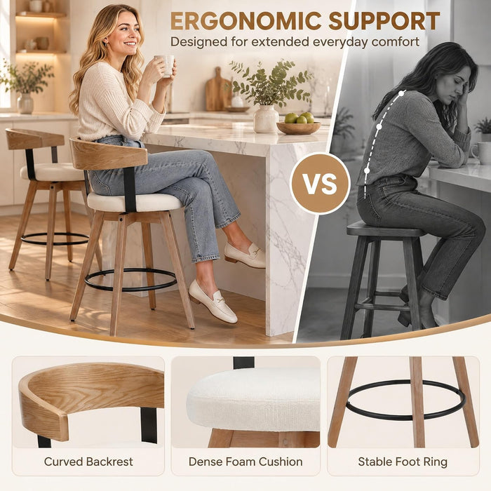 Swivel Bar Stools Set of 4-26" Counter Height Bar Stool with Footrest - Modern Wood Barstools with Linen Upholstered Seat - 360-Degree Swivel Stool for Kitchen Island Home Bar - White