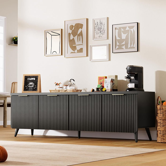 TV Stand for up to 60" Tvs, Modern Entertainment Center with 4 Wave Stripe Doors, Media Console Table with 5 Wooden Legs & Metal Handles, Modern TV Stand for Living Room Bedroom, Black