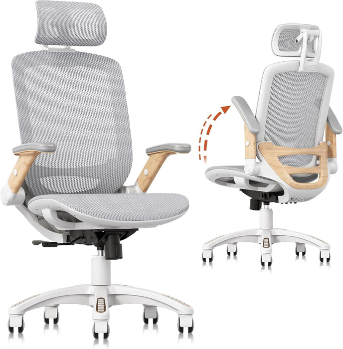 Ergonomic Office Chair, High Back Home Desk Chair with Flip-Up Arms, Headrest, 90-120° Tilt and Wide Cushion, 400LBS White Mesh Chair for Work Gaming Study (GY01-NT, Woodgrain Pattern)