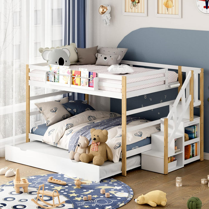 Full over Full Bunk Bed with Trundle and Storage Stairs, Solid Wood Bunk Bed with Foldable Desk, No Box Spring Needed, for Kids, Teens & Adults (White+Wood)