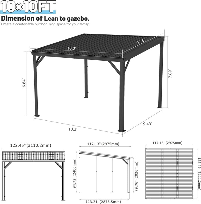Domi 10’X10’ Lean-To Gazebo, Hardtop Wall-Mounted Gazebo Pergola with Sloping Galvanized Steel Roof and Upgraded Drainage System, Outdoor Permanent Metal Shelters for Patio Backyard Deck, Grey
