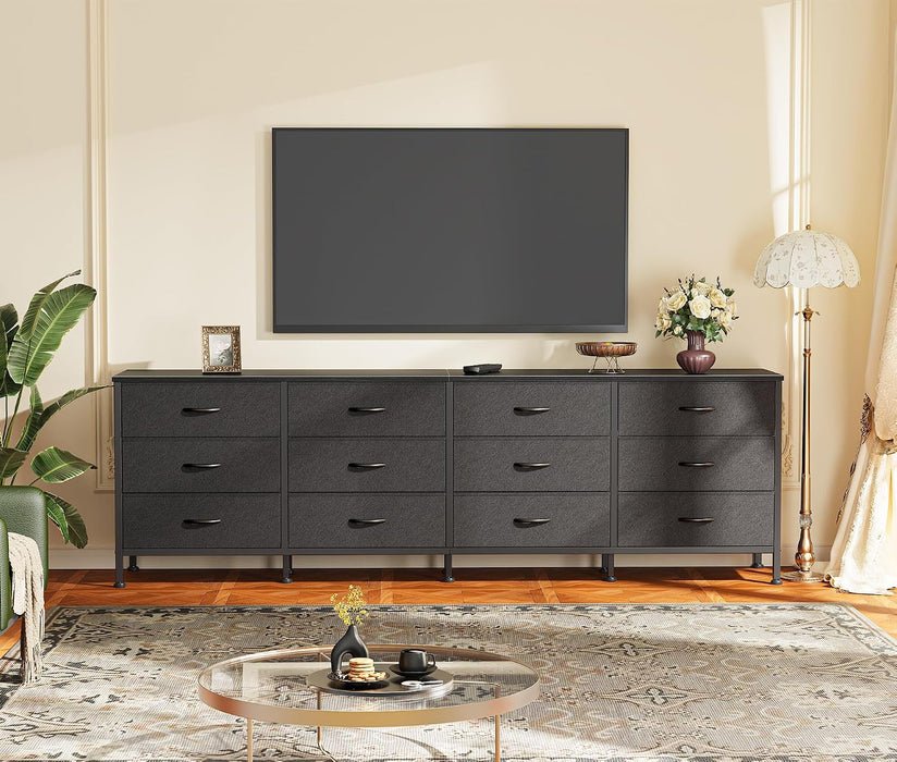 70 Inch Black Dresser for Bedroom, TV Stand for 65, 75, 80 Inch TV, 12 Fabric Drawer Long Dresser, Wide Chest of Drawer, Storage Units for Living Room