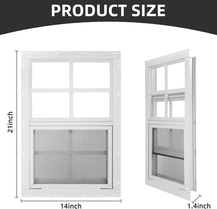 Shed Windows 2 Pack 14" W X 21" H Flush Mount White Window with Tempered Glass and Fiberglass Screen,Sliding Windows with Vertical Slider and Screws for Sheds,Chicken Coop, Playhouse Garbage Room Etc