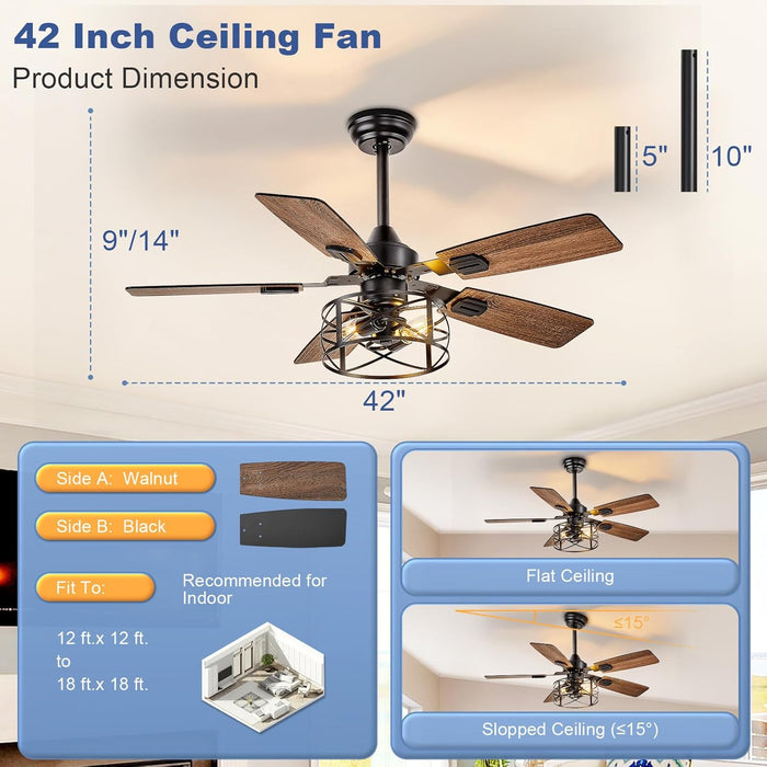 42-Inch Ceiling Fans with Lights: Caged Ceiling Fans Dual Finish 5 Blades - Rustic Ceiling Fan with Remote Control for Farmhouse Living Room Outdoor Porch (E26 Bulb Included)