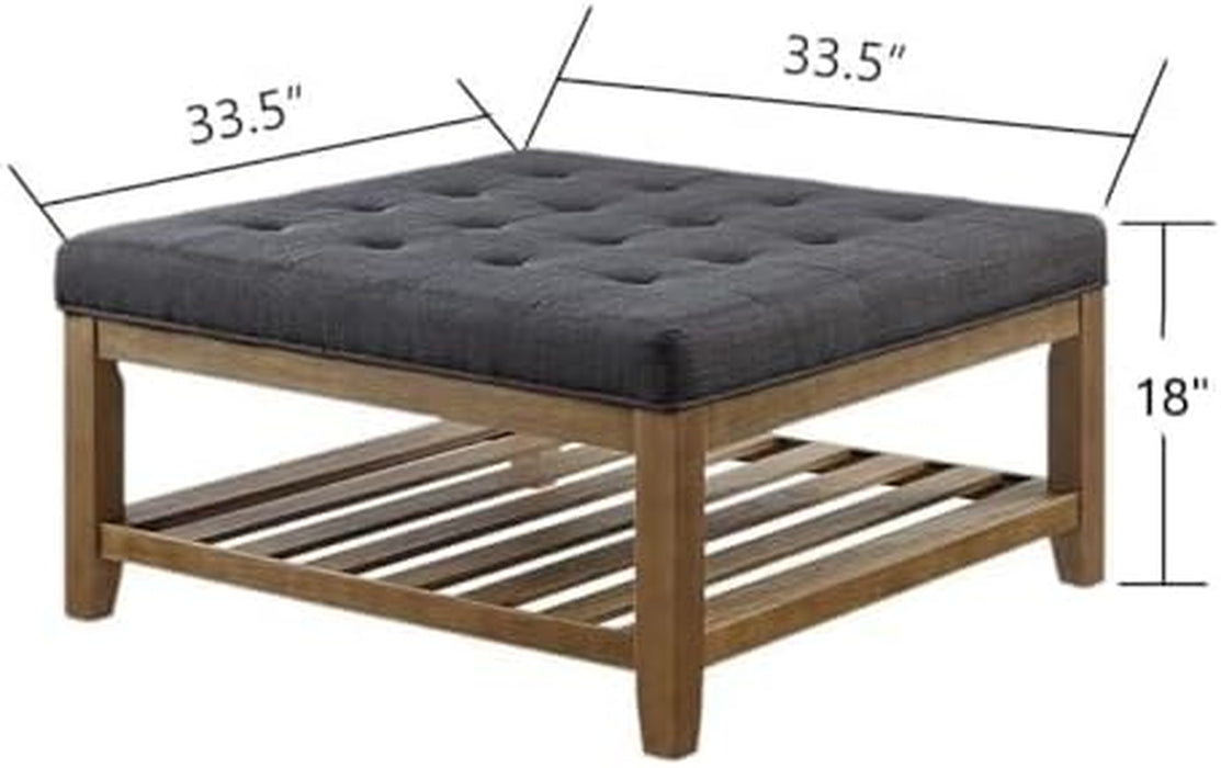 Large Square Upholstered Tufted Linen Ottoman Coffee Table, Large Footrest Ottoman with Solid Wood Shelf- Charcoal
