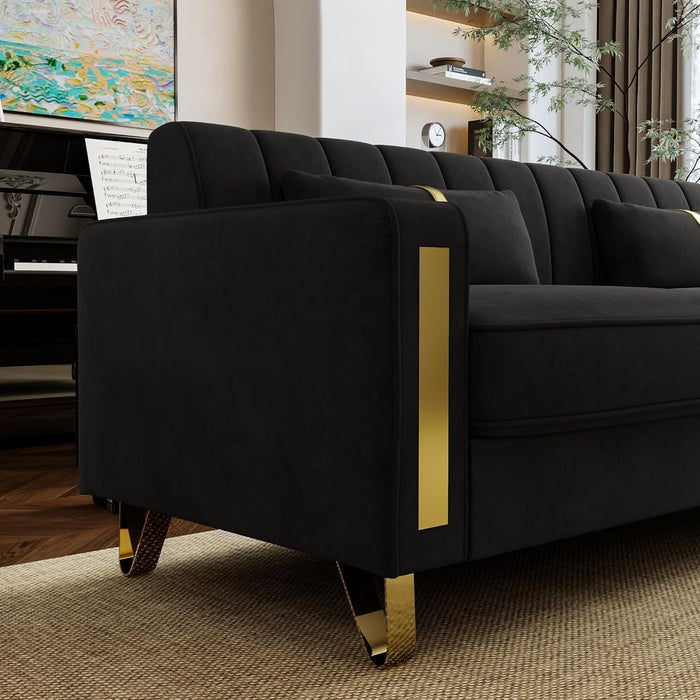 Loveseat Couch for Living Room, 86" Black Velvet Sofa Couch with 2 Pillows & Gold Metal Legs, Modern Upholstered Sofa Love Seat Sectional Couches for Apartment Home Office