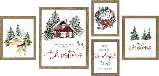 Christmas Wall Art, Framed Wall Art with Christmas Winter Forest Decorative Prints, 5 Pack Christmas Pictures Wall Decor for Living Room, Bedroom as Christmas Decorations