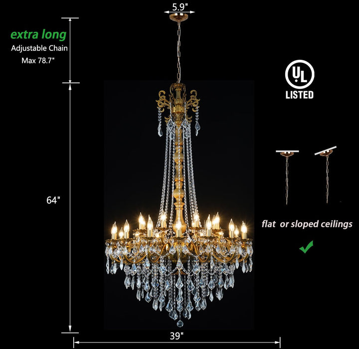 24-Light Antique Gold Crystal Chandelier, Extra Large Luxury Candle Chandelier Lighting Fixture for High Ceiling Foyer, Grand Entryway Living Room, Oversized D39 H64