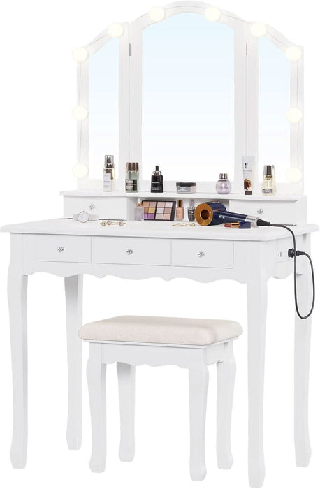 White Makeup Vanity with Lights & Charging Station, Vanity Desk with Mirror and 3 Colors of Lighting Effects, Vanity Table with Tri-Fold Mirror & Necklace Hooks, Makeup Table with Stool