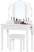 White Makeup Vanity with Lights & Charging Station, Vanity Desk with Mirror and 3 Colors of Lighting Effects, Vanity Table with Tri-Fold Mirror & Necklace Hooks, Makeup Table with Stool