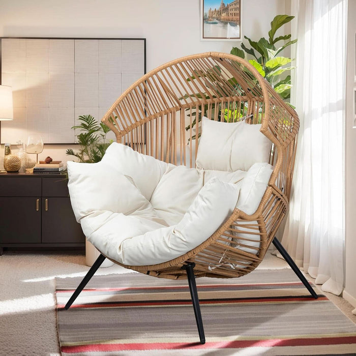 Outdoor Wicker Egg Chair PE Rattan Chair with Cushion, Oversized Patio Lounge Chair for Outdoor, Indoor, Balcony, Backyard, Garden, Beige