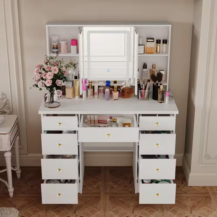 White Modern Makeup Vanity Desk 9 Drawers Wood Dressing Table with 3 Mirrors, Hidden Storage Shelves, LED Lighted