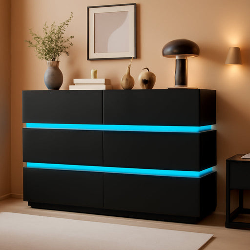 7 Drawer Dresser with LED Lights, Modern Black Dresser for Bedroom