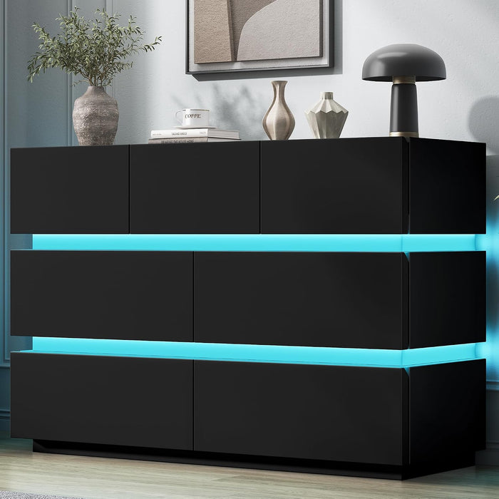 7 Drawer Dresser with LED Lights, Modern Black Dresser for Bedroom