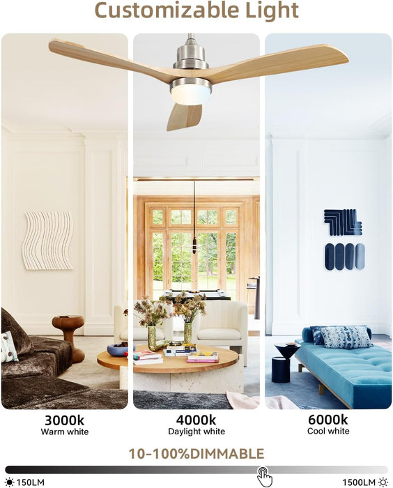 52 Inch Ceiling Fan with Lights and Remote Control-Modern Solid Wood Blade Ceiling Fan for Bedroom Living Room Indoor Outdoor Farmhouse Patio, Noiseless DC Motor, Sandy Nickel & Natural Wood
