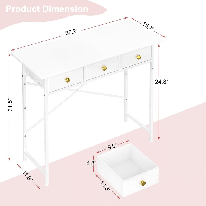 Makeup Vanity Desk No Mirror, 37.2 Inch Vanity with 3 Drawers, Girls Vanity Dressing Table for Bedroom, Small Vanity Table Home Office Desk for Small Spaces, White