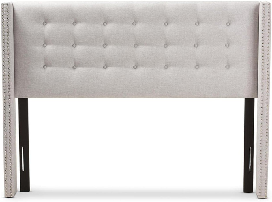 Ginaro Modern and Contemporary Greyish Beige Fabric Button-Tufted Nail Head Queen Size Winged Headboard/Contemporary/Fabric Polyester 100%"/Lvl/Mdf/Foam/Greyish Beige