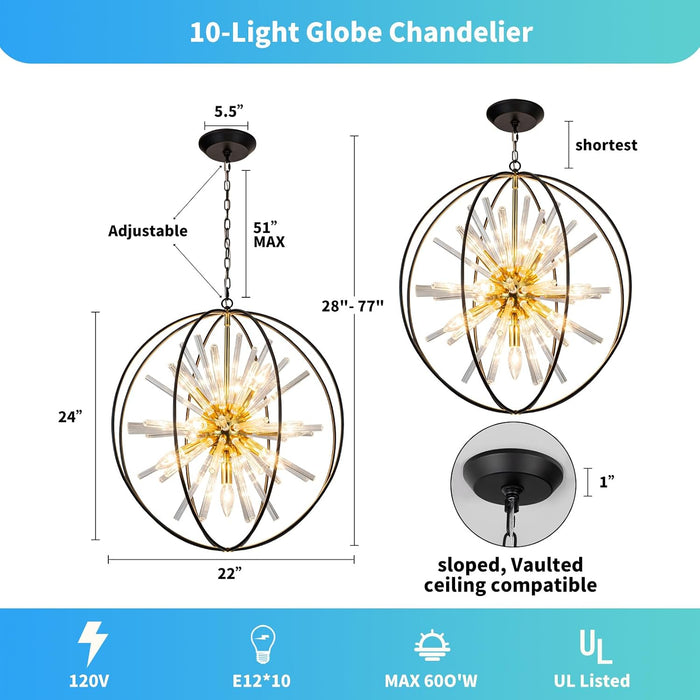 Modern Black and Gold Sputnik Chandelier for Living Room | D22" 10-Light Globe Chandelier round Hanging Chandelier for Foyer Entryway Stairway Kitchen Island