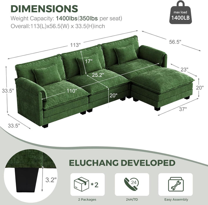 Green 116Inches L Shaped Premium Chenille Sectional