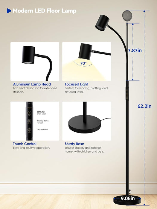 Reading Floor Lamp, 62" Tall LED Floor Lamp, Dimmable Standing Lamp, 7 Brightness & 4 Color Temperature, Adjustable Gooseneck, Touch Control, Task Craft Light for Living Room Bedroom Office,Black