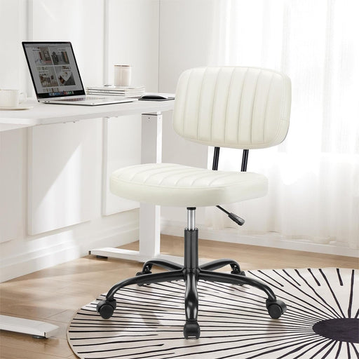 Armless Home Office Desk Chair -Small Ergonomic with Low Back Lumbar Support, Height Adjustable PU Leather Computer Task with 360° Swivel Rolling Wheels, for Small Space, Beige White